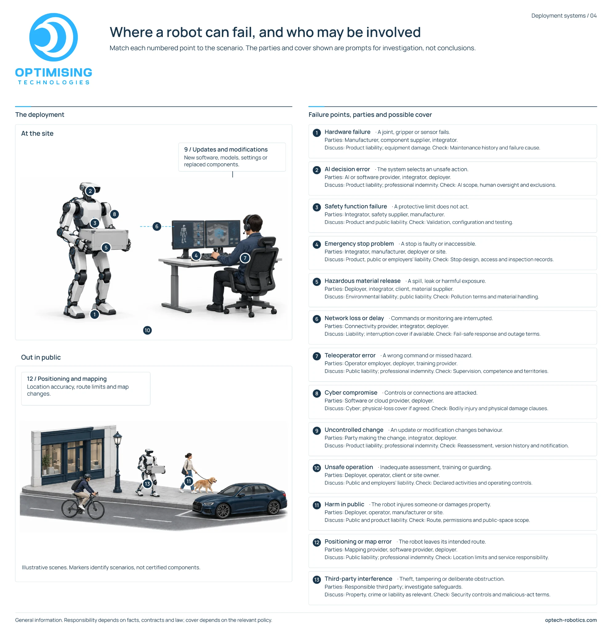 Thirteen numbered robot failure scenarios at a site and in public, alongside involved parties and possible insurance discussion points. The text version is available below.